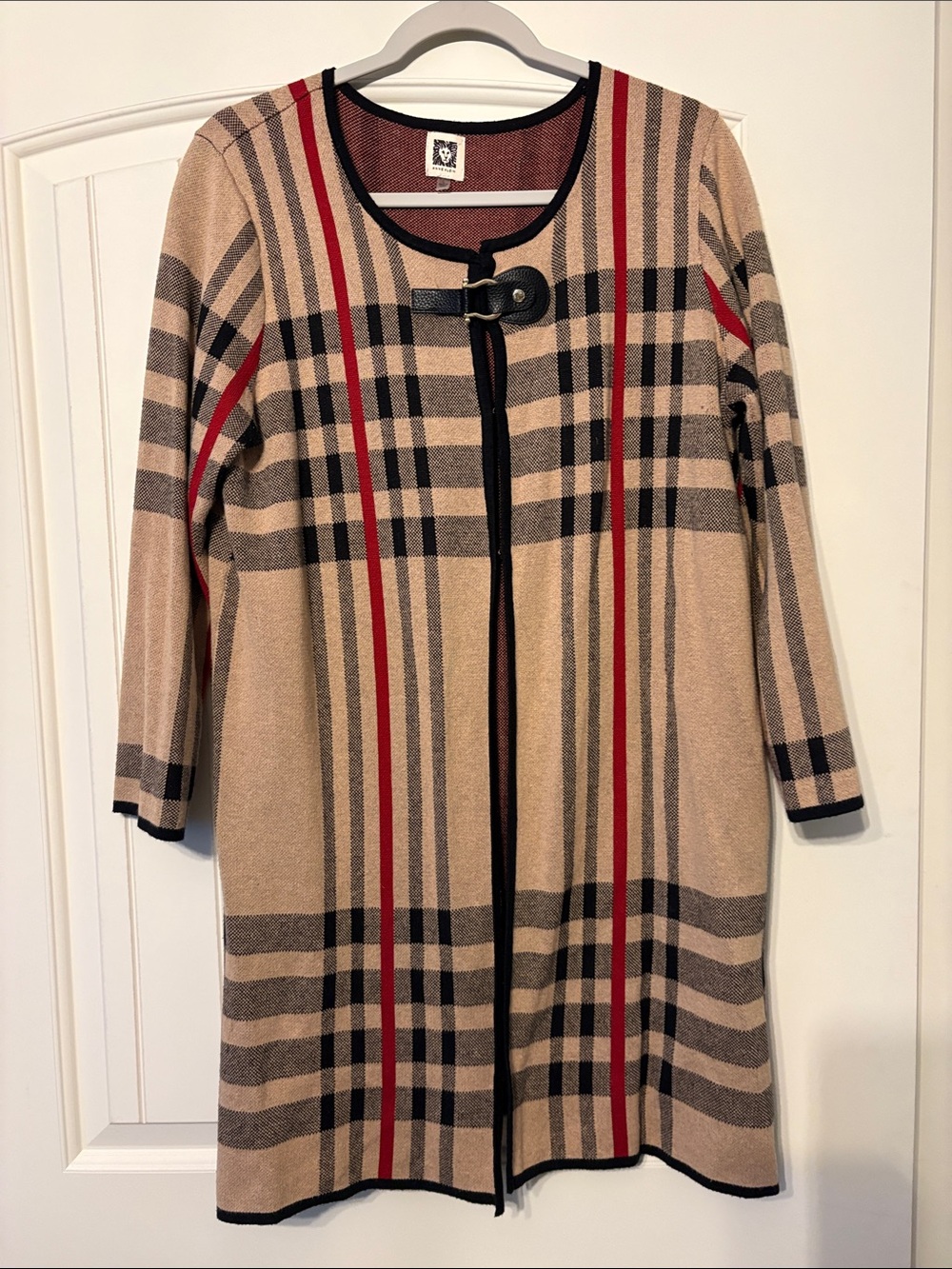 Anne Klein Beige Plaid Sweater with Black & Red Stripes Tan Black Red Plaid - Picture 3 of 5